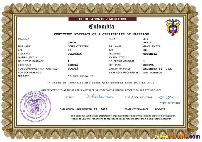 Colombia marriage certificate